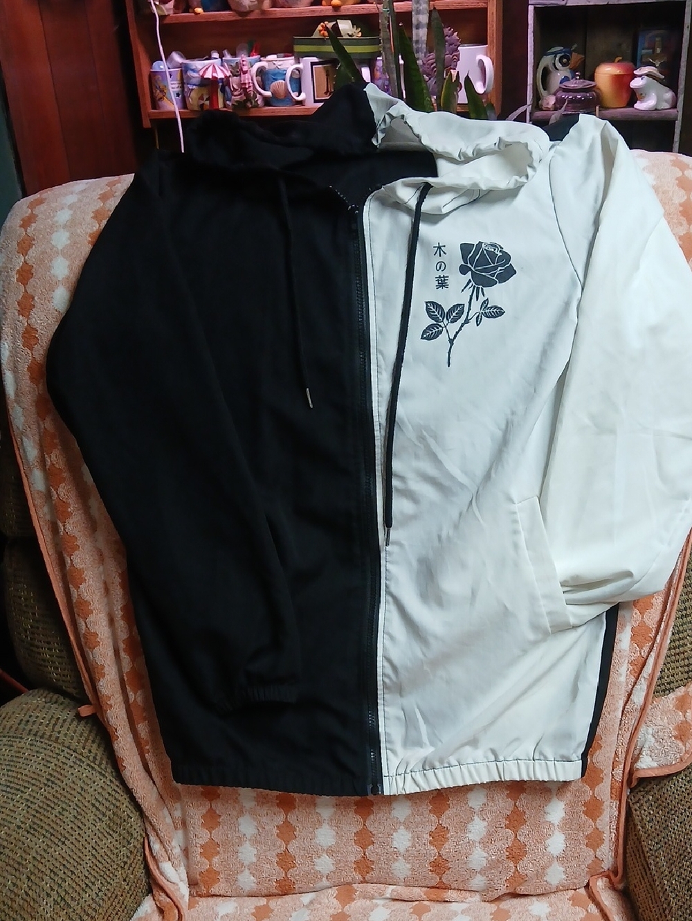 Two-Tone Black & White Zip Hoodie Jacket  with Rose Graphic
